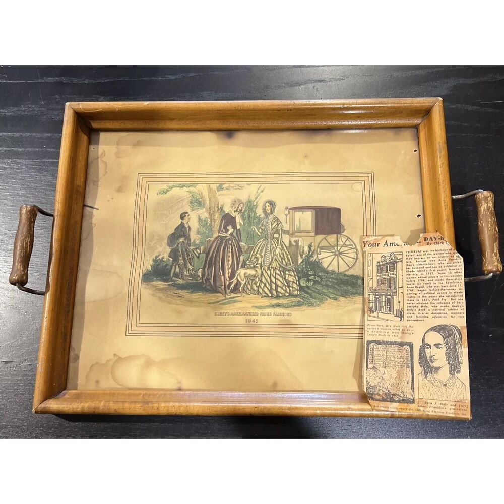 ANTIQUE GODEY LADIES Fashion Print Tray Vanity Service Wooden Glass